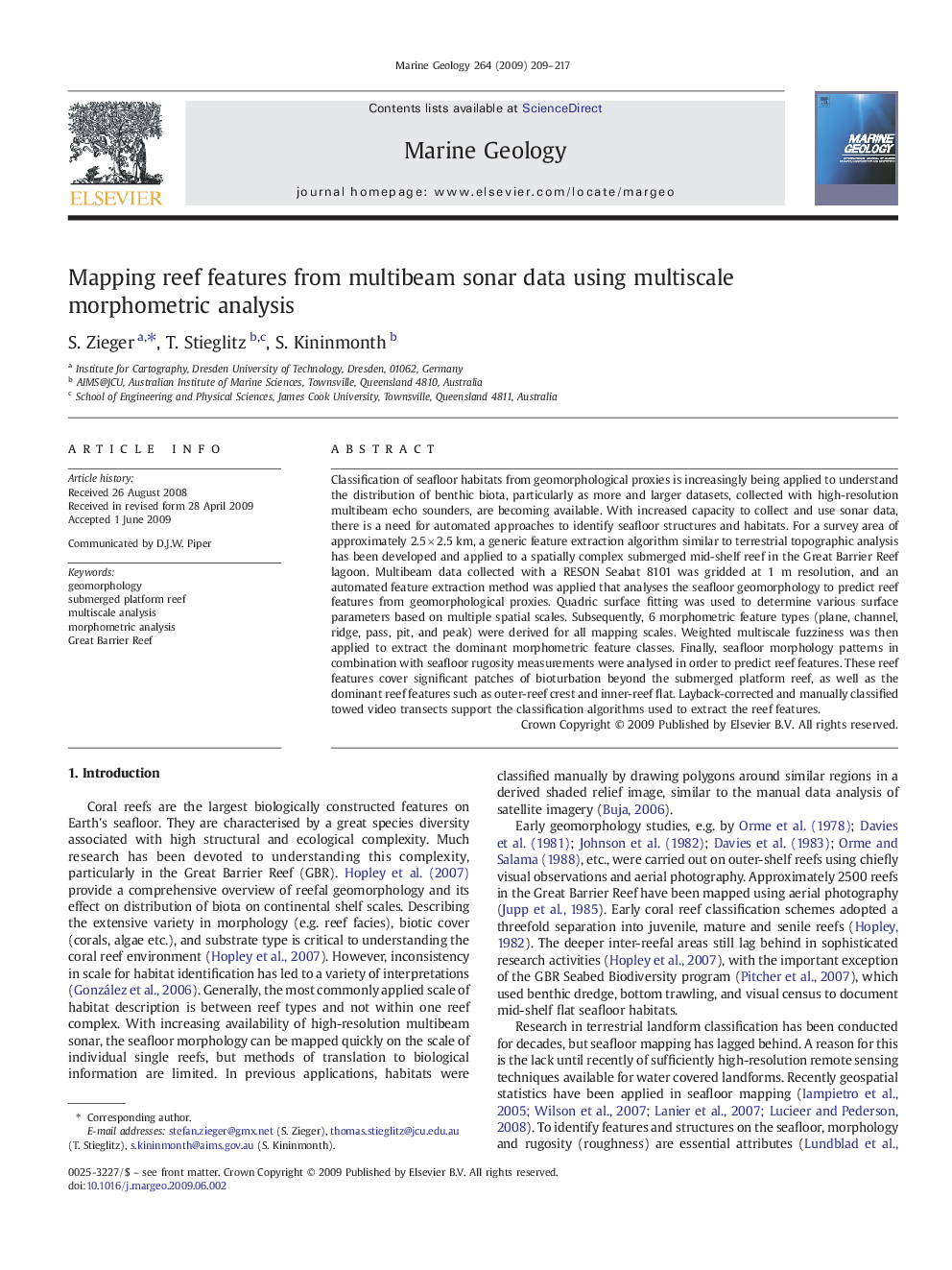 Mapping reef features from multibeam sonar data using multiscale morphometric analysis