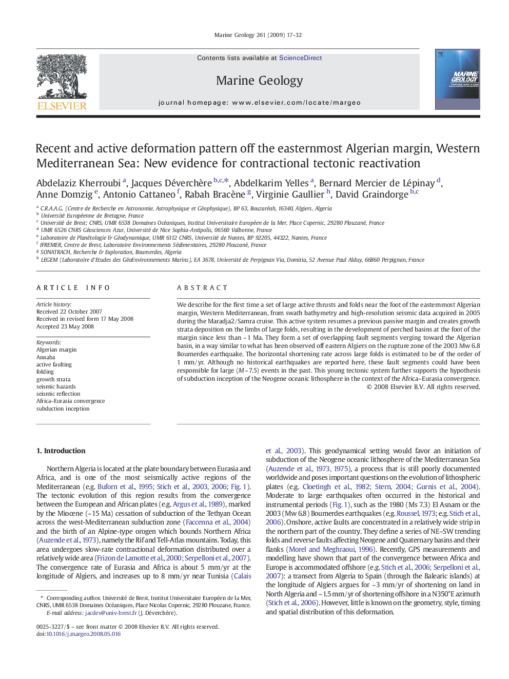 Recent and active deformation pattern off the easternmost Algerian margin, Western Mediterranean Sea: New evidence for contractional tectonic reactivation