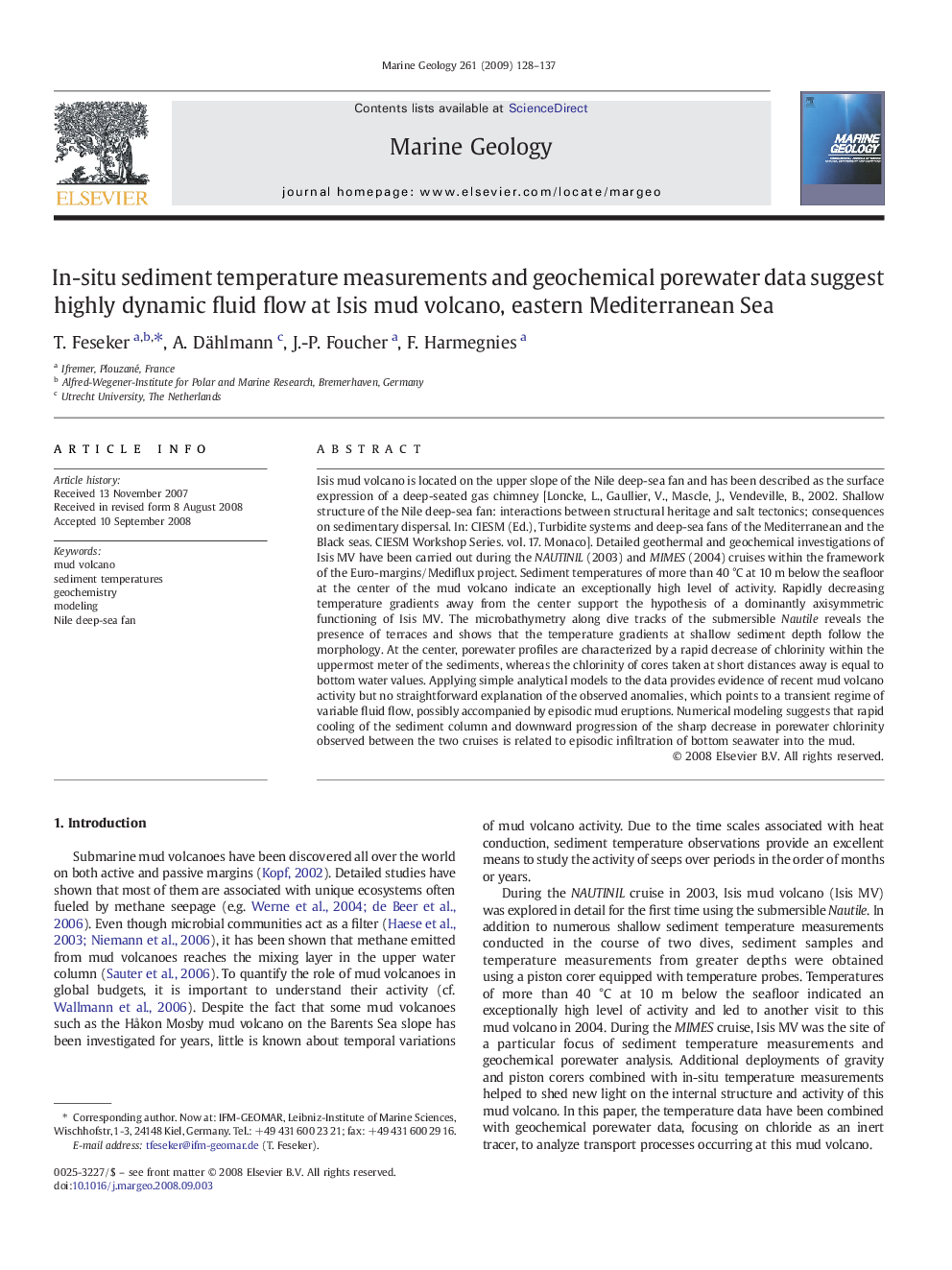 In-situ sediment temperature measurements and geochemical porewater data suggest highly dynamic fluid flow at Isis mud volcano, eastern Mediterranean Sea