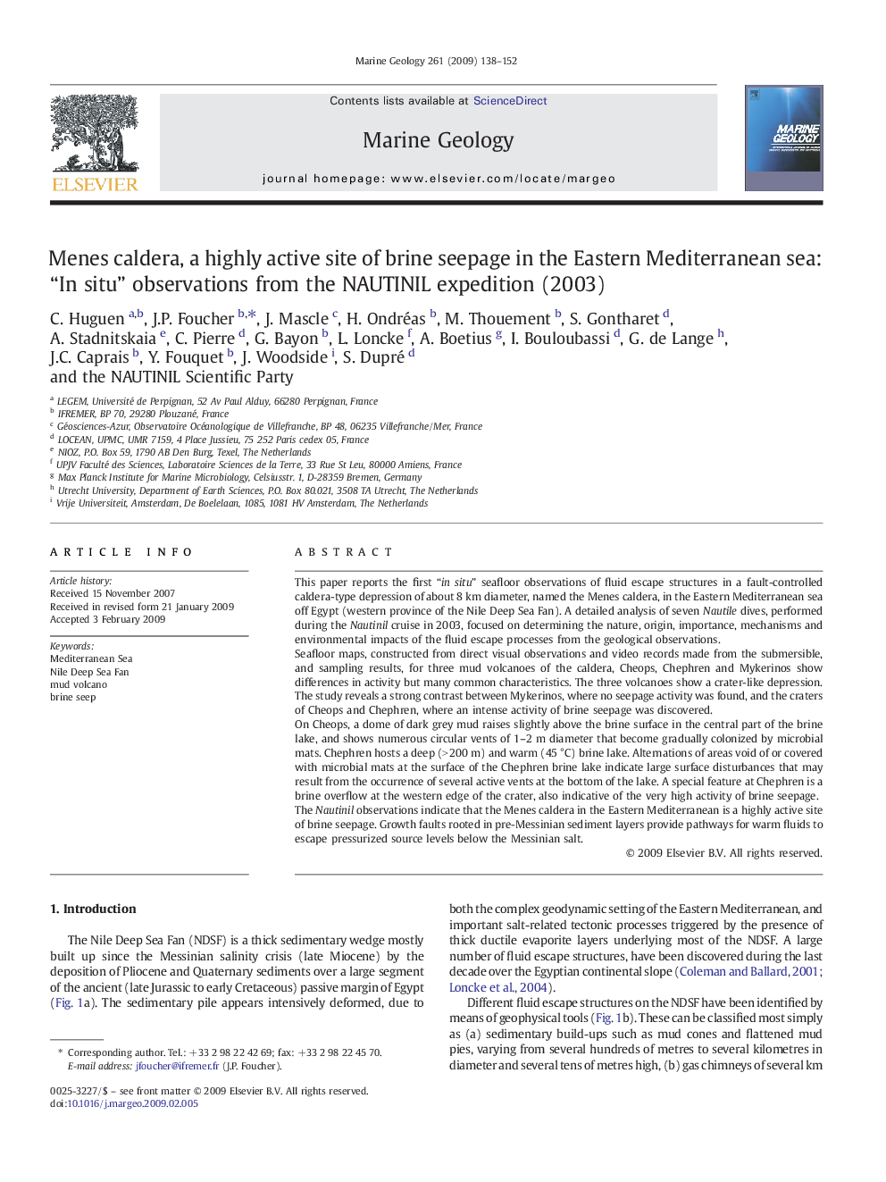 Menes caldera, a highly active site of brine seepage in the Eastern Mediterranean sea: “In situ” observations from the NAUTINIL expedition (2003)