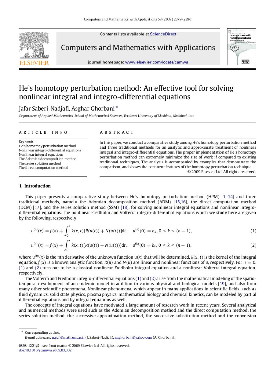 He’s homotopy perturbation method: An effective tool for solving nonlinear integral and integro-differential equations