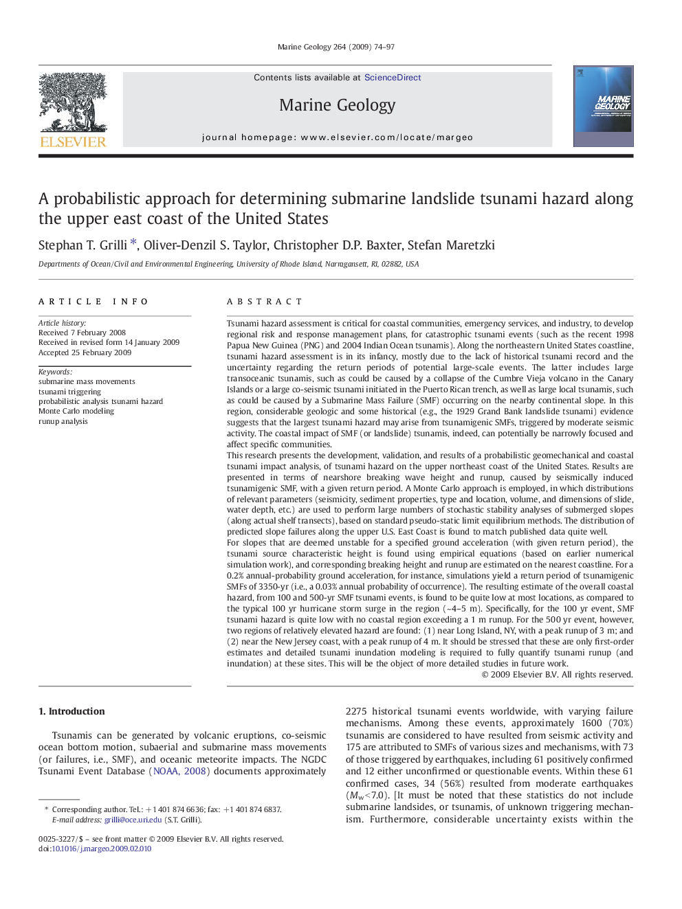 A probabilistic approach for determining submarine landslide tsunami hazard along the upper east coast of the United States