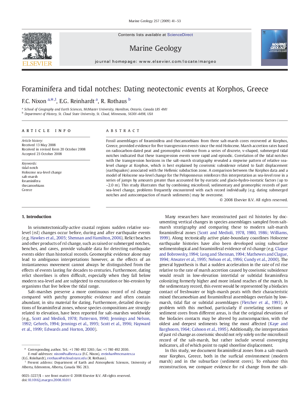 Foraminifera and tidal notches: Dating neotectonic events at Korphos, Greece