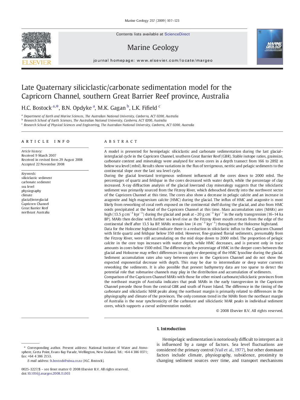 Late Quaternary siliciclastic/carbonate sedimentation model for the Capricorn Channel, southern Great Barrier Reef province, Australia