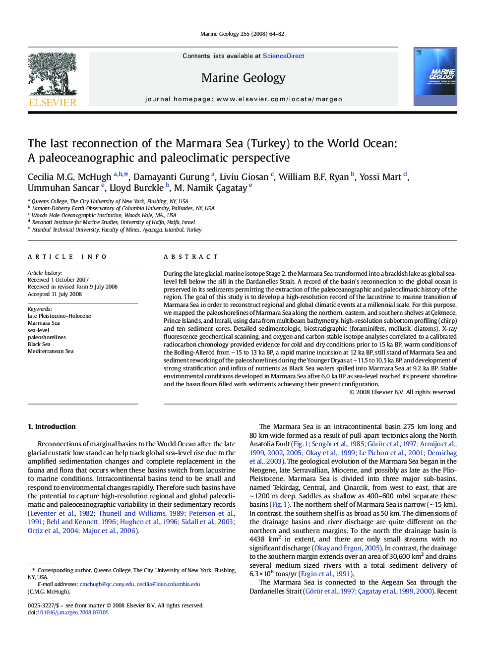 The last reconnection of the Marmara Sea (Turkey) to the World Ocean: A paleoceanographic and paleoclimatic perspective