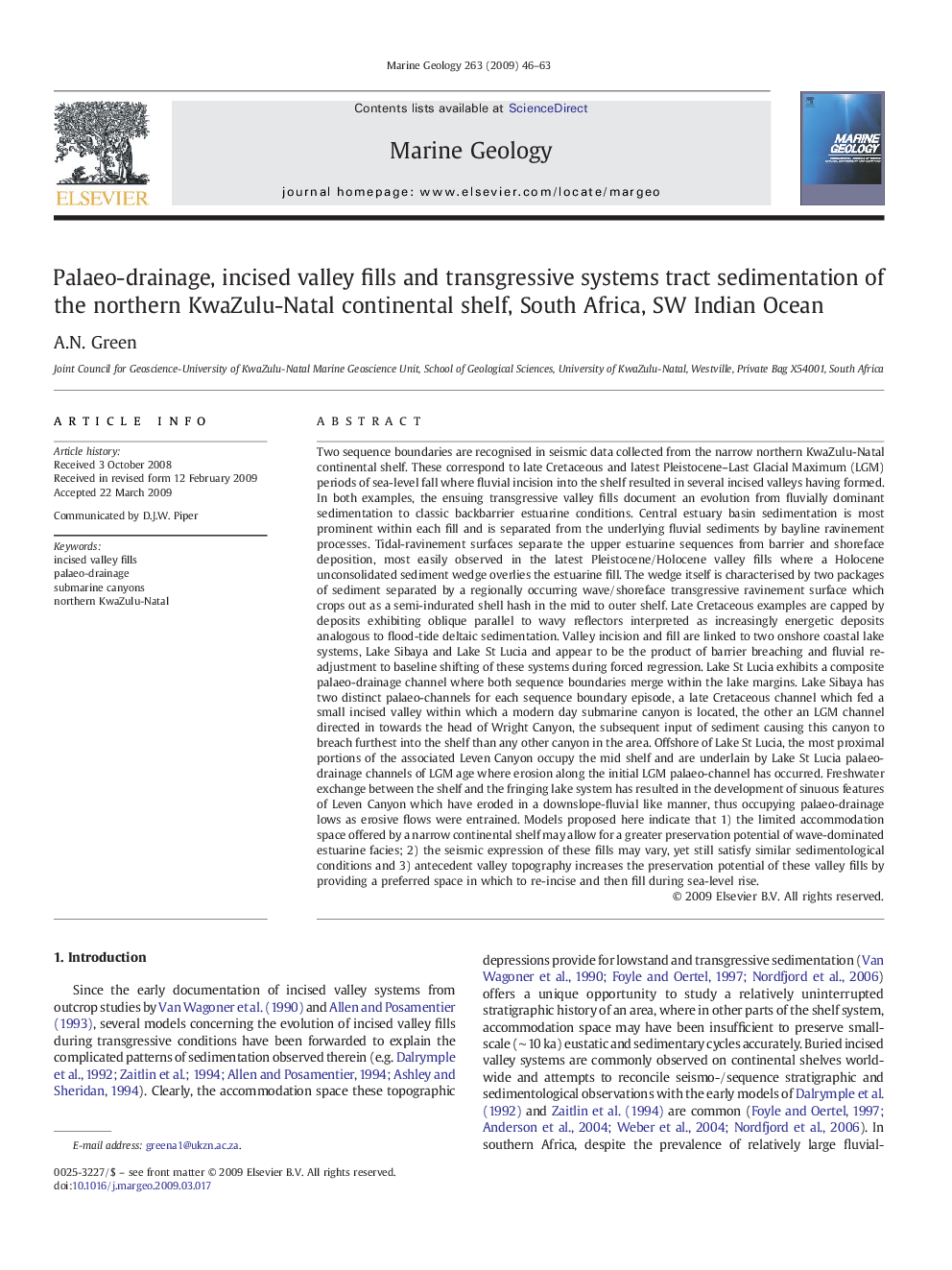 Palaeo-drainage, incised valley fills and transgressive systems tract sedimentation of the northern KwaZulu-Natal continental shelf, South Africa, SW Indian Ocean