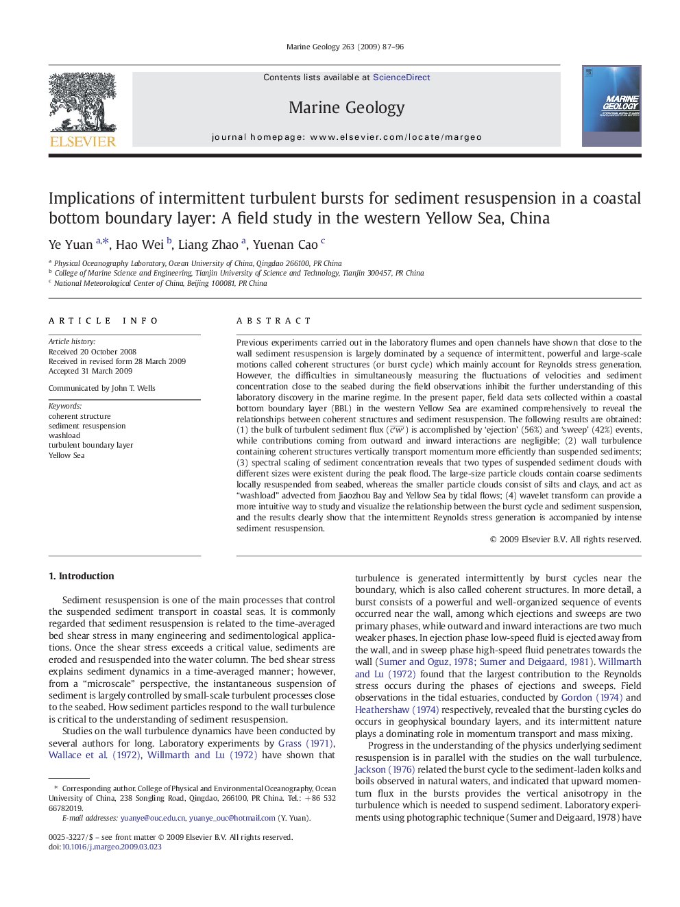 Implications of intermittent turbulent bursts for sediment resuspension in a coastal bottom boundary layer: A field study in the western Yellow Sea, China