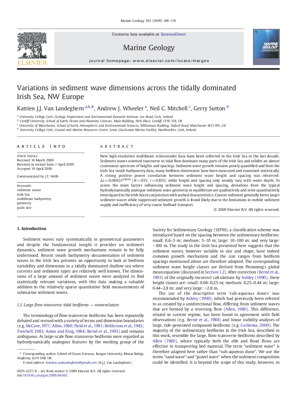 عکس صفحه اول مقاله: Variations in sediment wave dimensions across the tidally dominated Irish Sea, NW Europe Variations in sediment wave dimensions across the tidally dominated Irish Sea, NW Europe