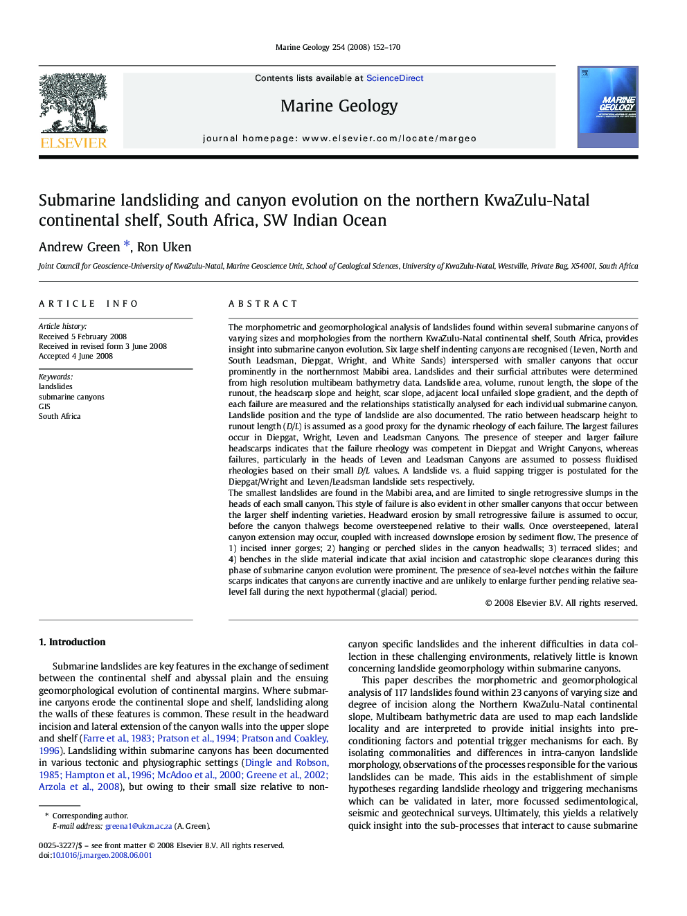 Submarine landsliding and canyon evolution on the northern KwaZulu-Natal continental shelf, South Africa, SW Indian Ocean