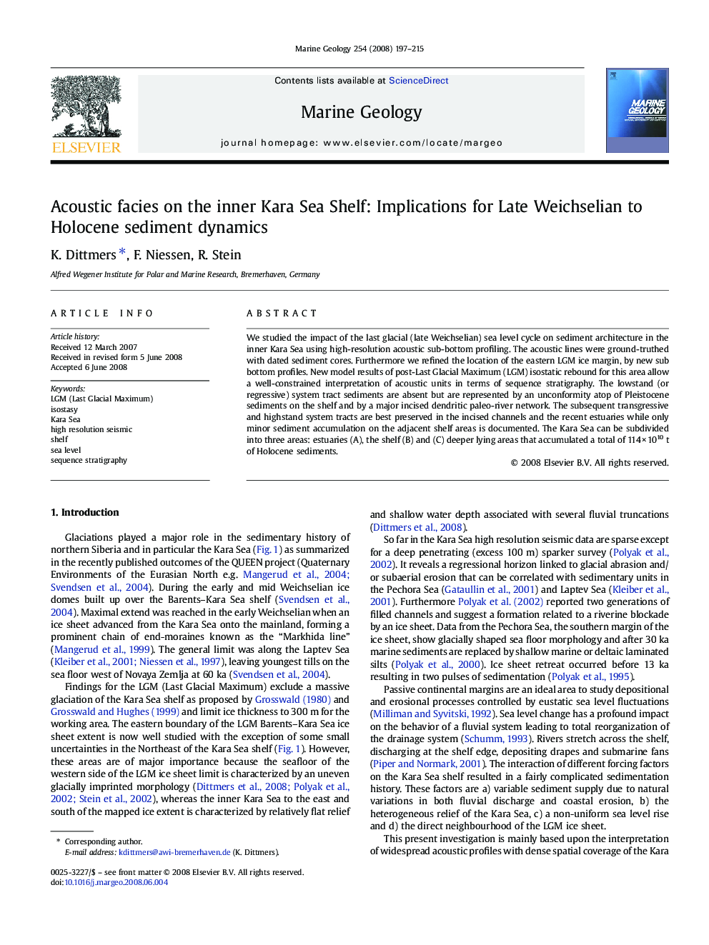 Acoustic facies on the inner Kara Sea Shelf: Implications for Late Weichselian to Holocene sediment dynamics