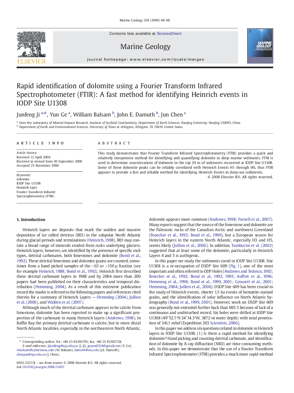 عکس صفحه اول مقاله: Rapid identification of dolomite using a Fourier Transform Infrared Spectrophotometer (FTIR): A fast method for identifying Heinrich events in IODP Site U1308 Rapid identification of dolomite using a Fourier Transform Infrared Spectrophotometer (FTIR): A fast method for identifying Heinrich events in IODP Site U1308