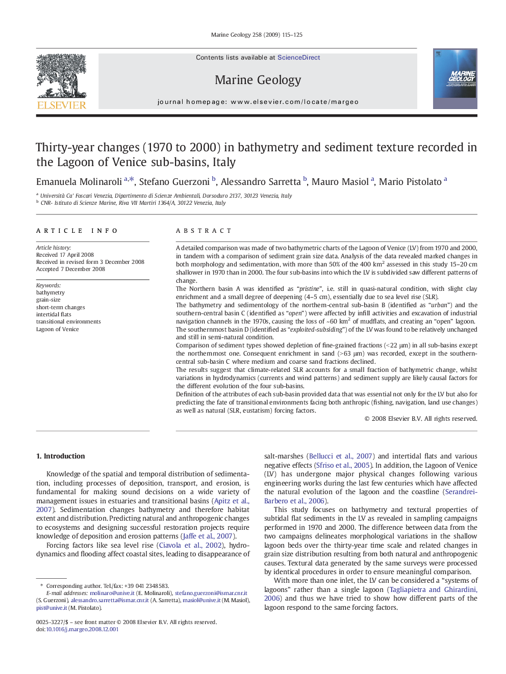 Thirty-year changes (1970 to 2000) in bathymetry and sediment texture recorded in the Lagoon of Venice sub-basins, Italy