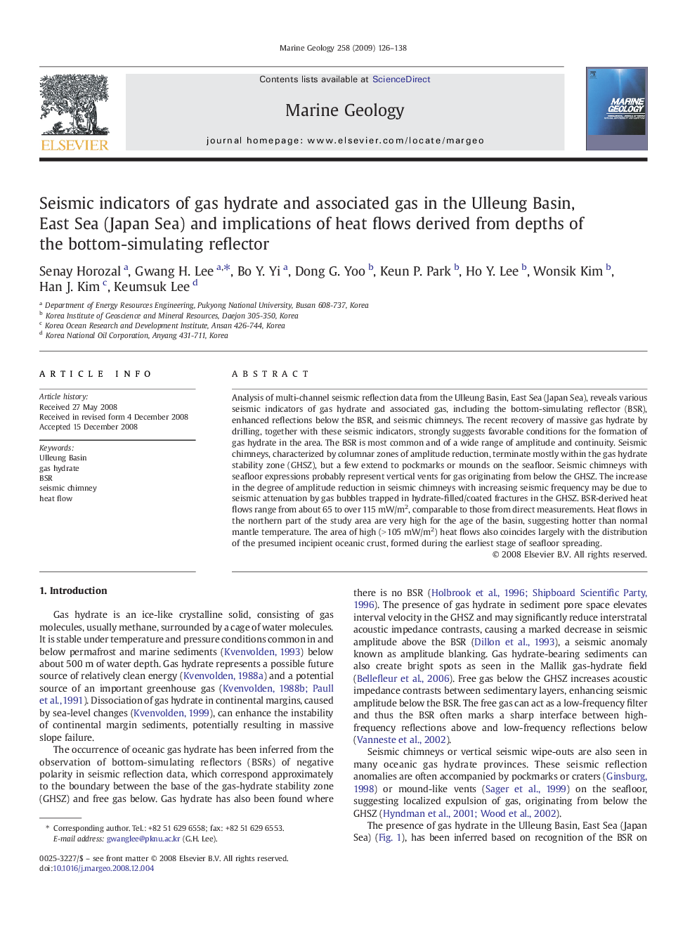 Seismic indicators of gas hydrate and associated gas in the Ulleung Basin, East Sea (Japan Sea) and implications of heat flows derived from depths of the bottom-simulating reflector