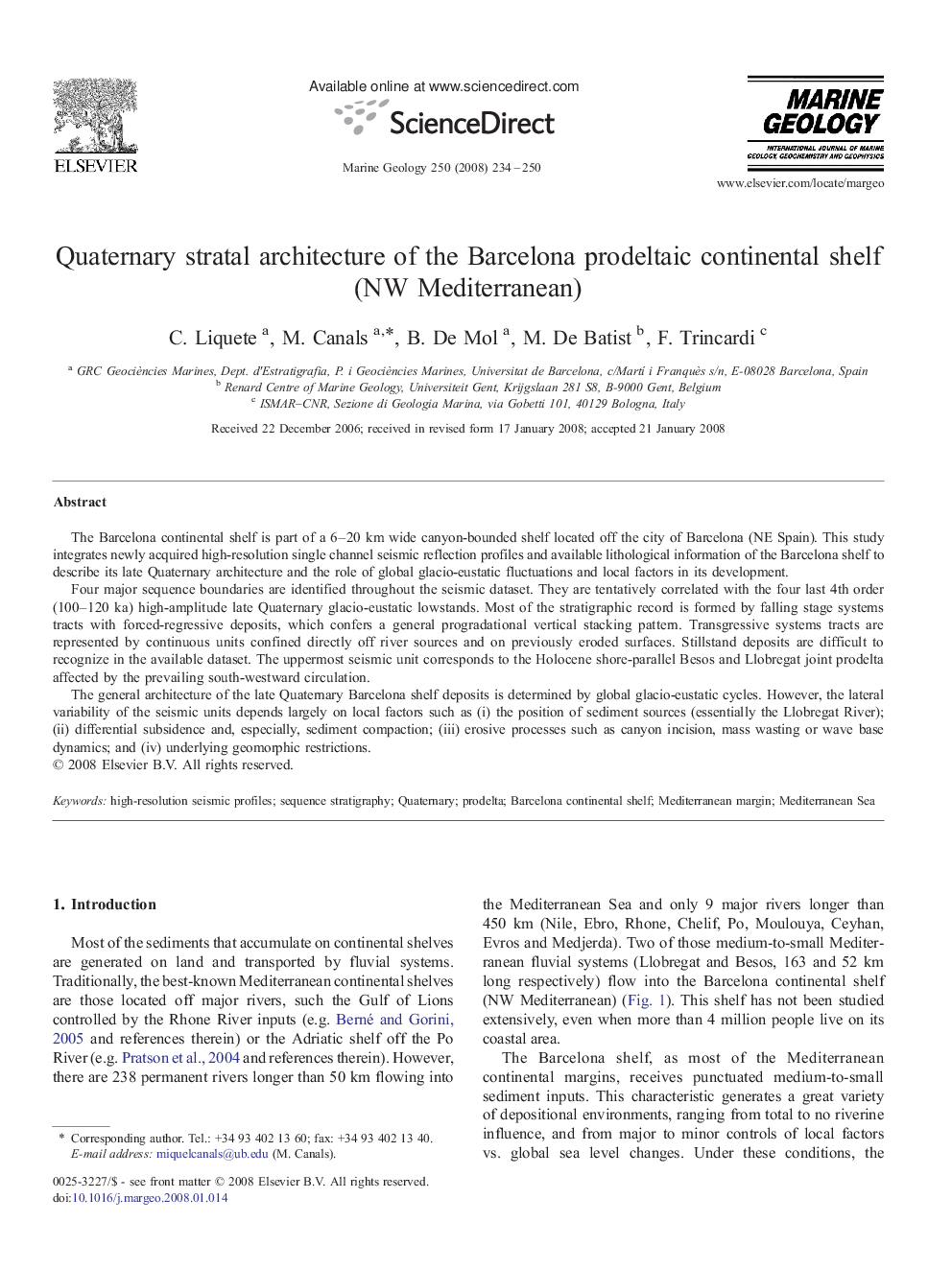 Quaternary stratal architecture of the Barcelona prodeltaic continental shelf (NW Mediterranean)