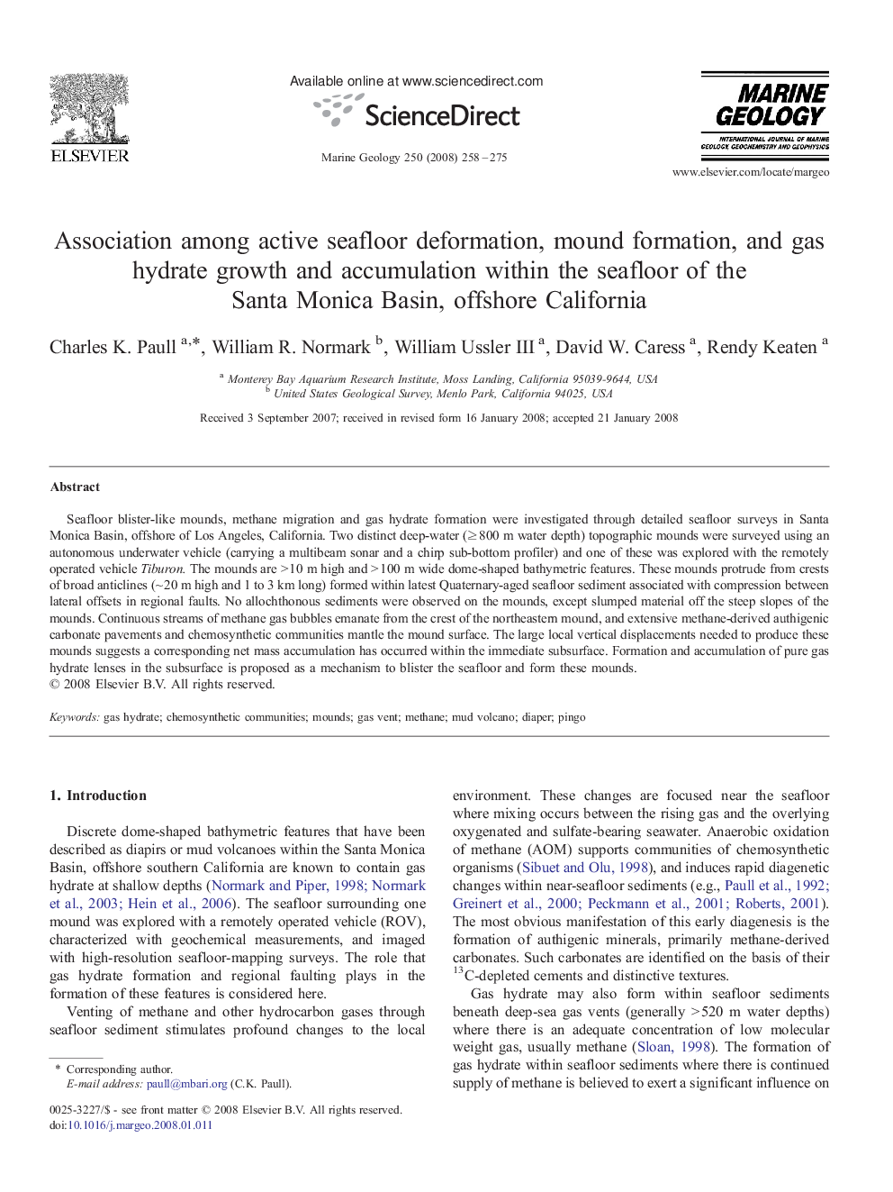 Association among active seafloor deformation, mound formation, and gas hydrate growth and accumulation within the seafloor of the Santa Monica Basin, offshore California