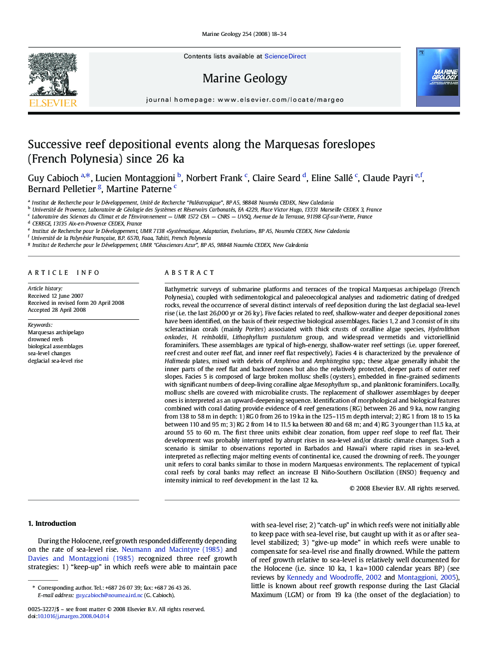 Successive reef depositional events along the Marquesas foreslopes (French Polynesia) since 26 ka