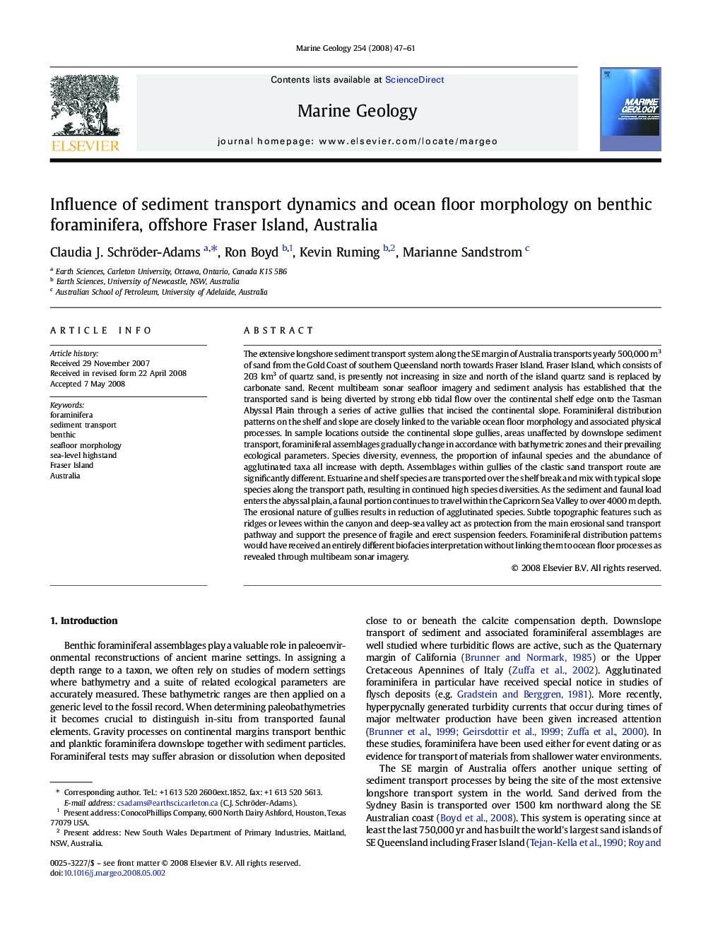 Influence of sediment transport dynamics and ocean floor morphology on benthic foraminifera, offshore Fraser Island, Australia