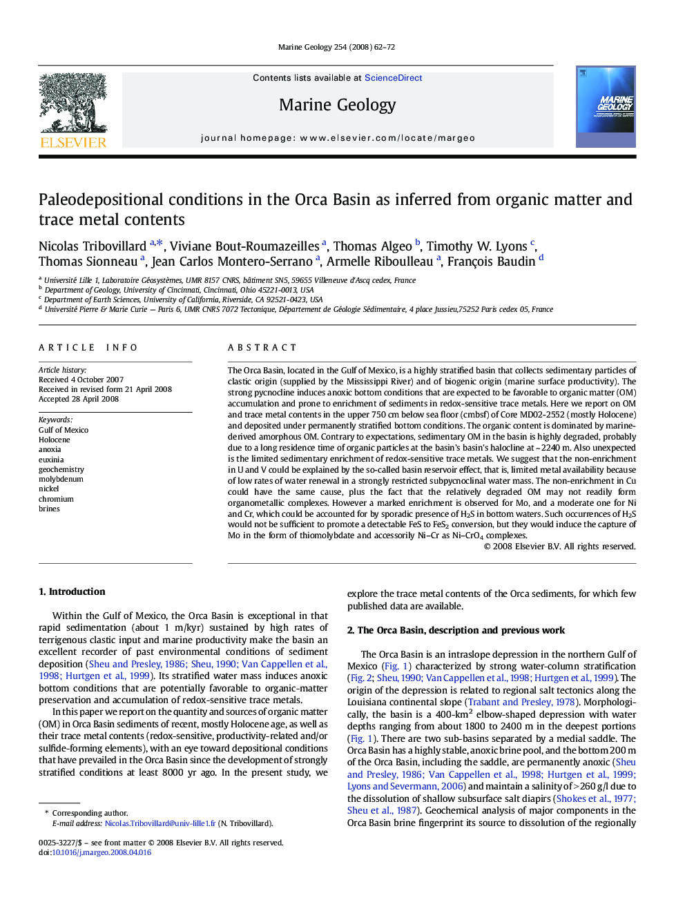 Paleodepositional conditions in the Orca Basin as inferred from organic matter and trace metal contents