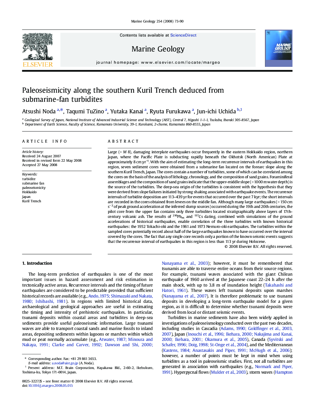 عکس صفحه اول مقاله: Paleoseismicity along the southern Kuril Trench deduced from submarine-fan turbidites Paleoseismicity along the southern Kuril Trench deduced from submarine-fan turbidites