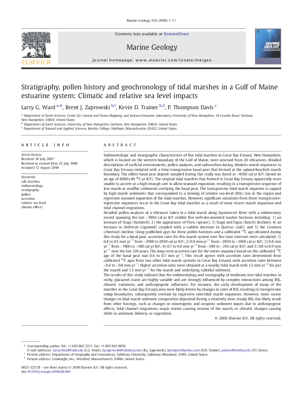 Stratigraphy, pollen history and geochronology of tidal marshes in a Gulf of Maine estuarine system: Climatic and relative sea level impacts