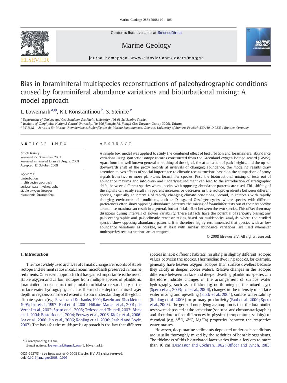 عکس صفحه اول مقاله: Bias in foraminiferal multispecies reconstructions of paleohydrographic conditions caused by foraminiferal abundance variations and bioturbational mixing: A model approach Bias in foraminiferal multispecies reconstructions of paleohydrographic conditions caused by foraminiferal abundance variations and bioturbational mixing: A model approach