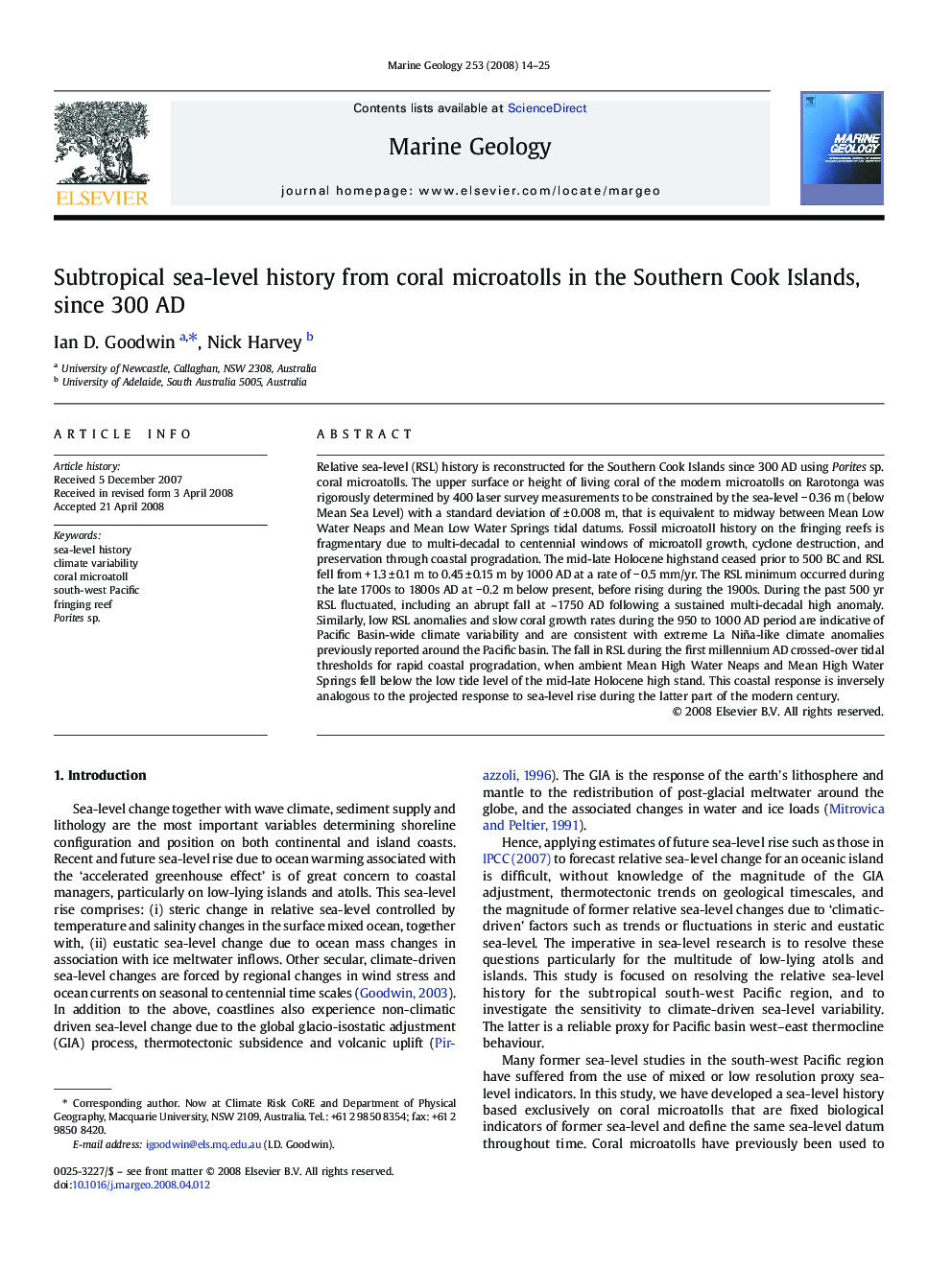 Subtropical sea-level history from coral microatolls in the Southern Cook Islands, since 300 AD