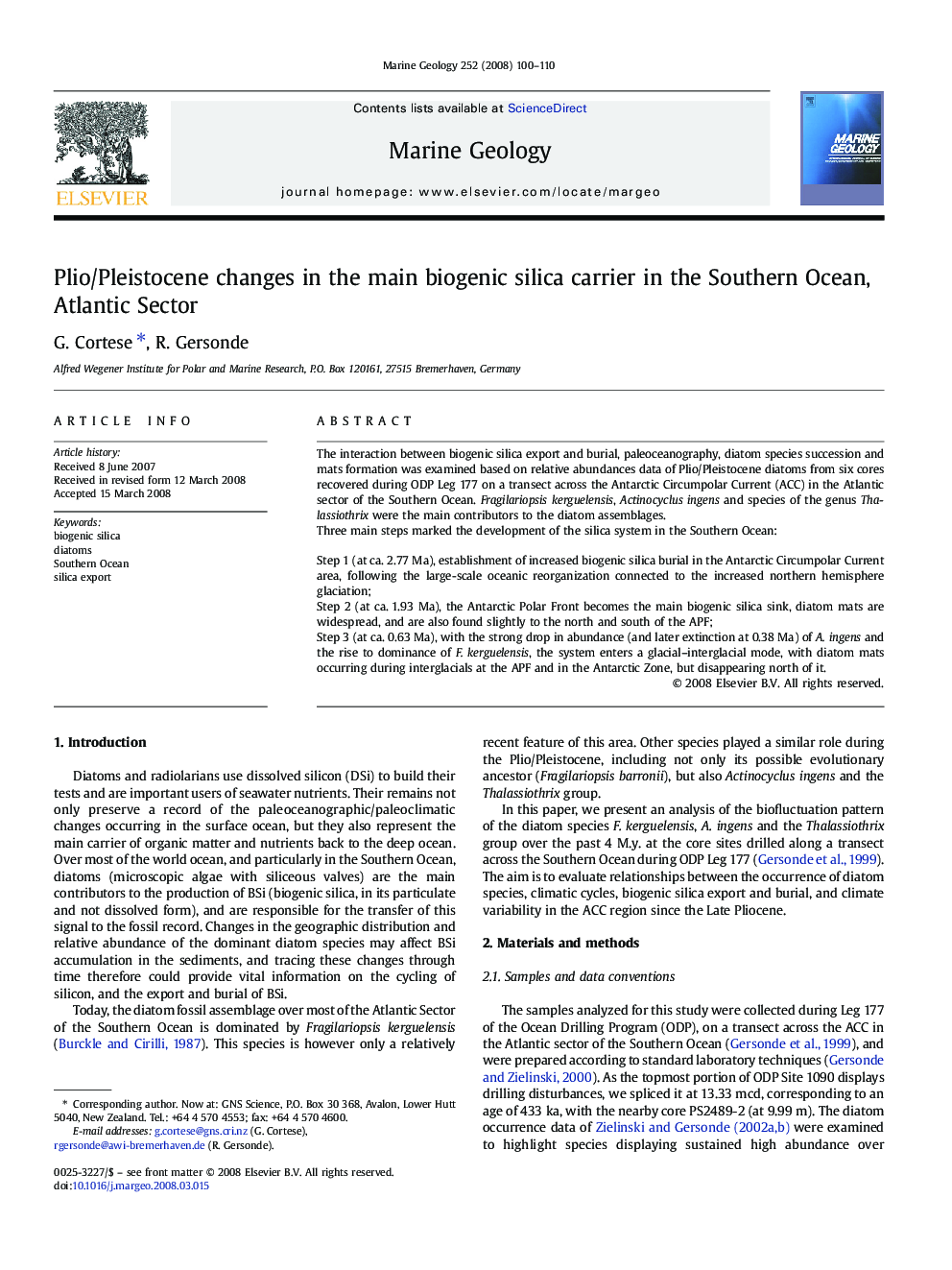 Plio/Pleistocene changes in the main biogenic silica carrier in the Southern Ocean, Atlantic Sector