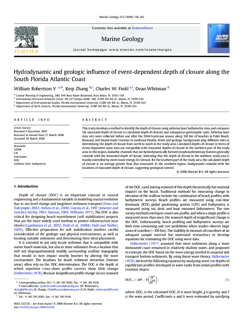 Hydrodynamic and geologic influence of event-dependent depth of closure along the South Florida Atlantic Coast