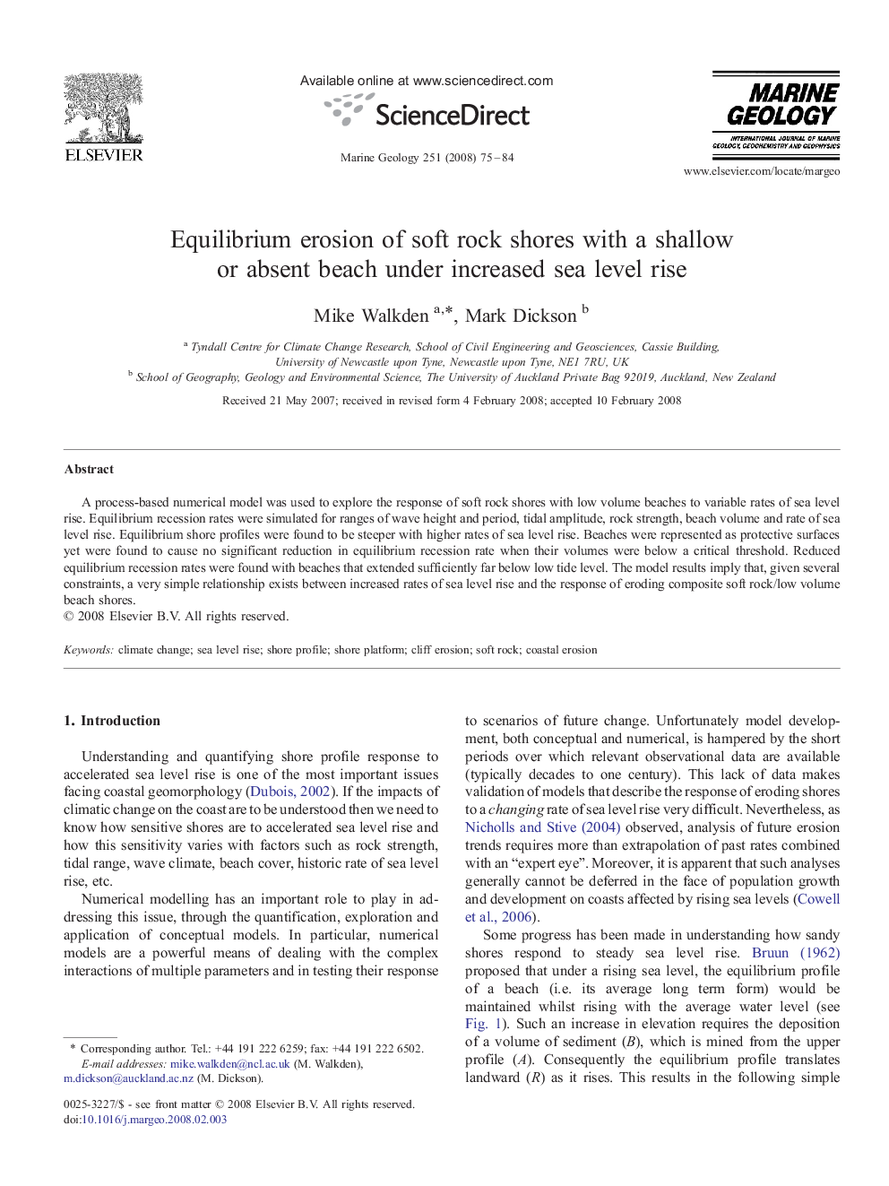 Equilibrium erosion of soft rock shores with a shallow or absent beach under increased sea level rise