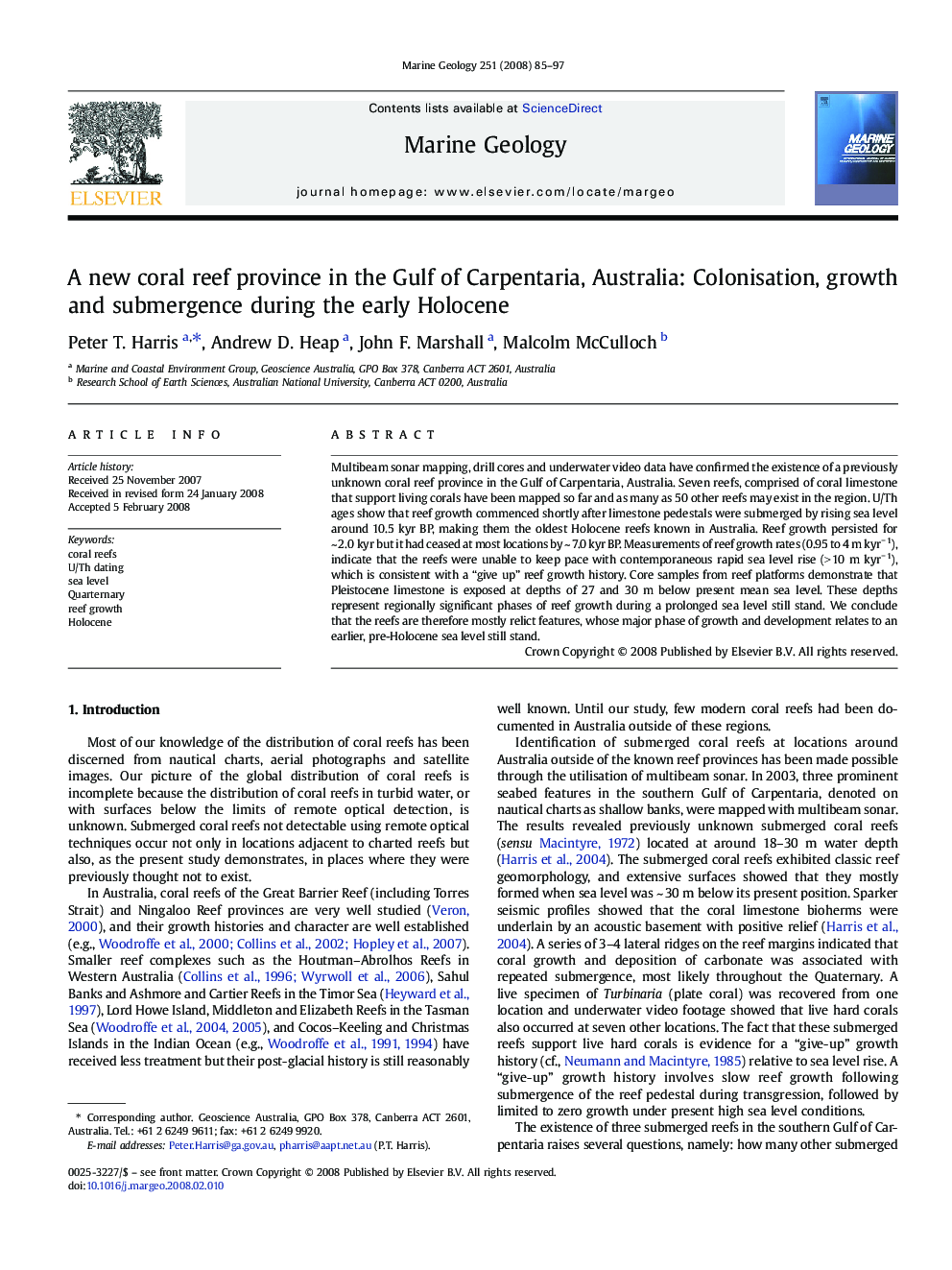 A new coral reef province in the Gulf of Carpentaria, Australia: Colonisation, growth and submergence during the early Holocene