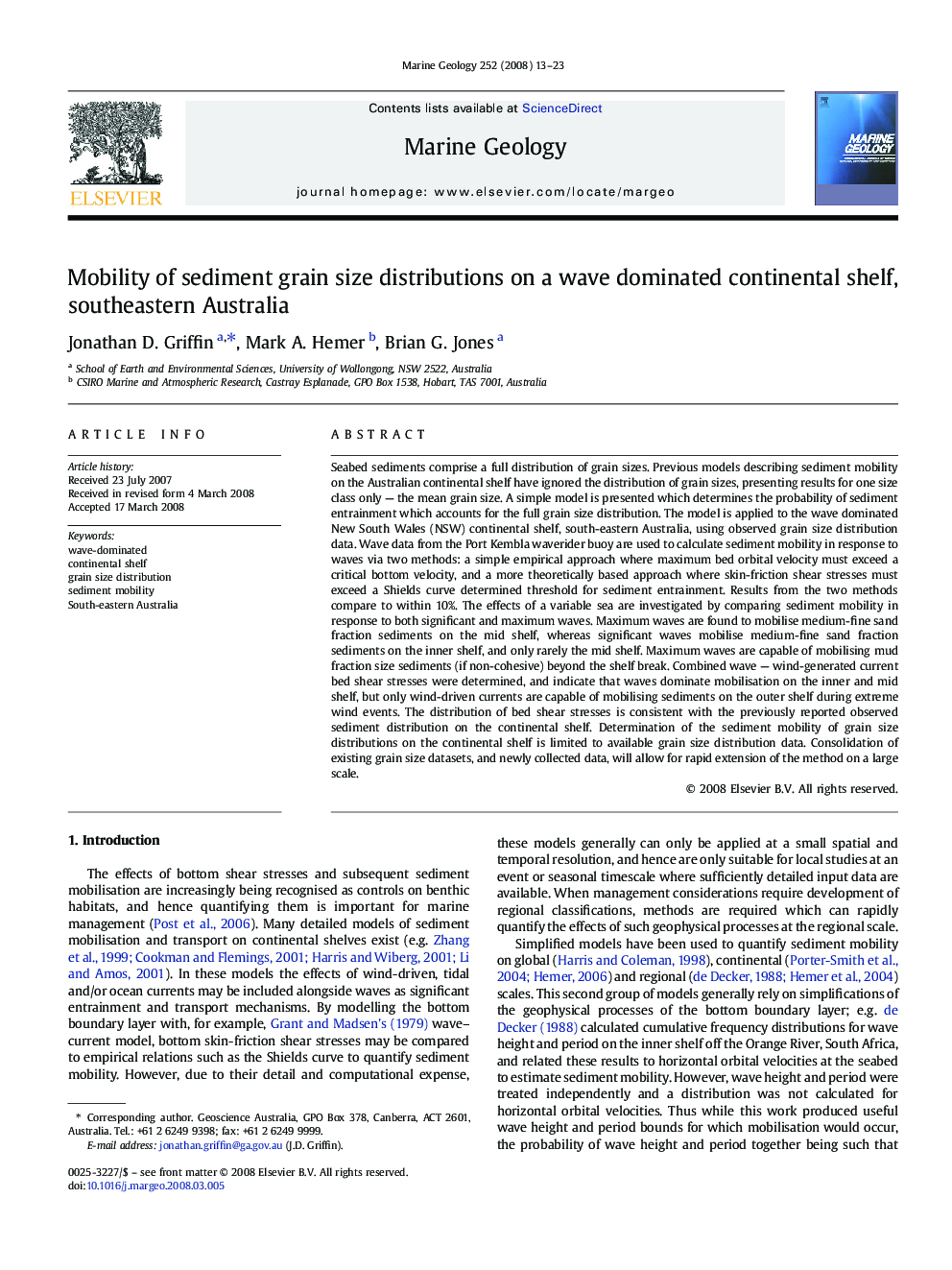 Mobility of sediment grain size distributions on a wave dominated continental shelf, southeastern Australia