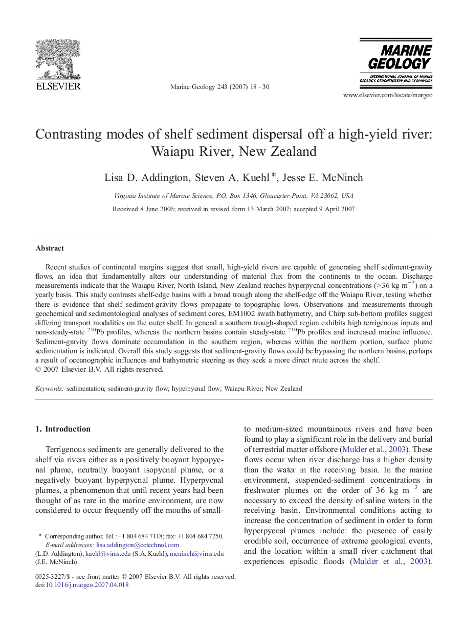 Contrasting modes of shelf sediment dispersal off a high-yield river: Waiapu River, New Zealand