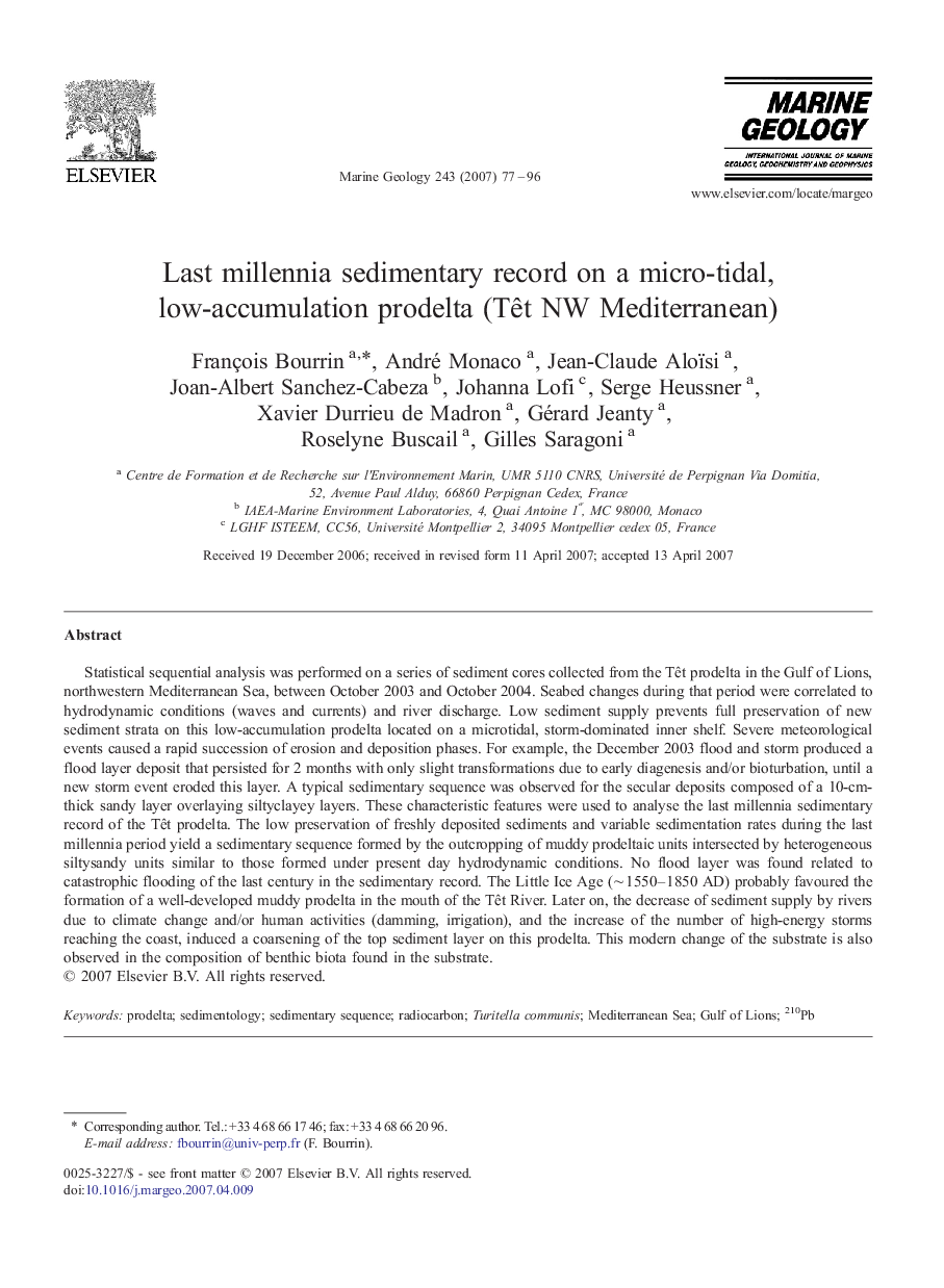 Last millennia sedimentary record on a micro-tidal, low-accumulation prodelta (Têt NW Mediterranean)