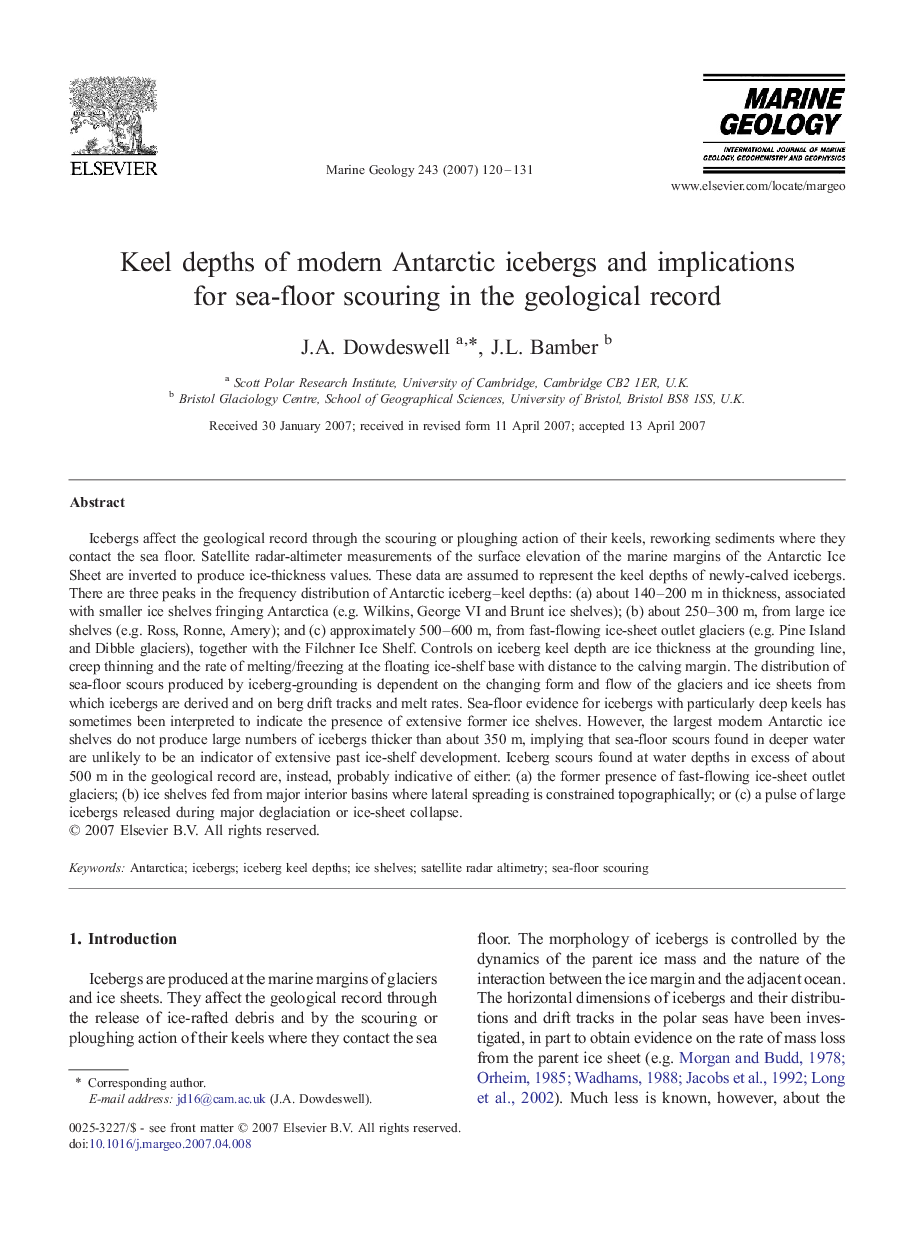 Keel depths of modern Antarctic icebergs and implications for sea-floor scouring in the geological record