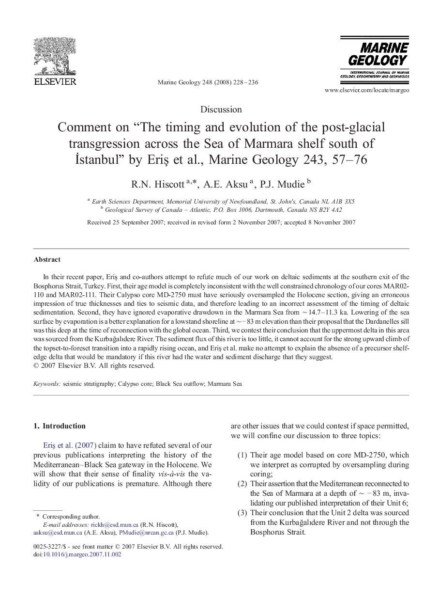 Comment on “The timing and evolution of the post-glacial transgression across the Sea of Marmara shelf south of İstanbul” by Eriş et al., Marine Geology 243, 57–76