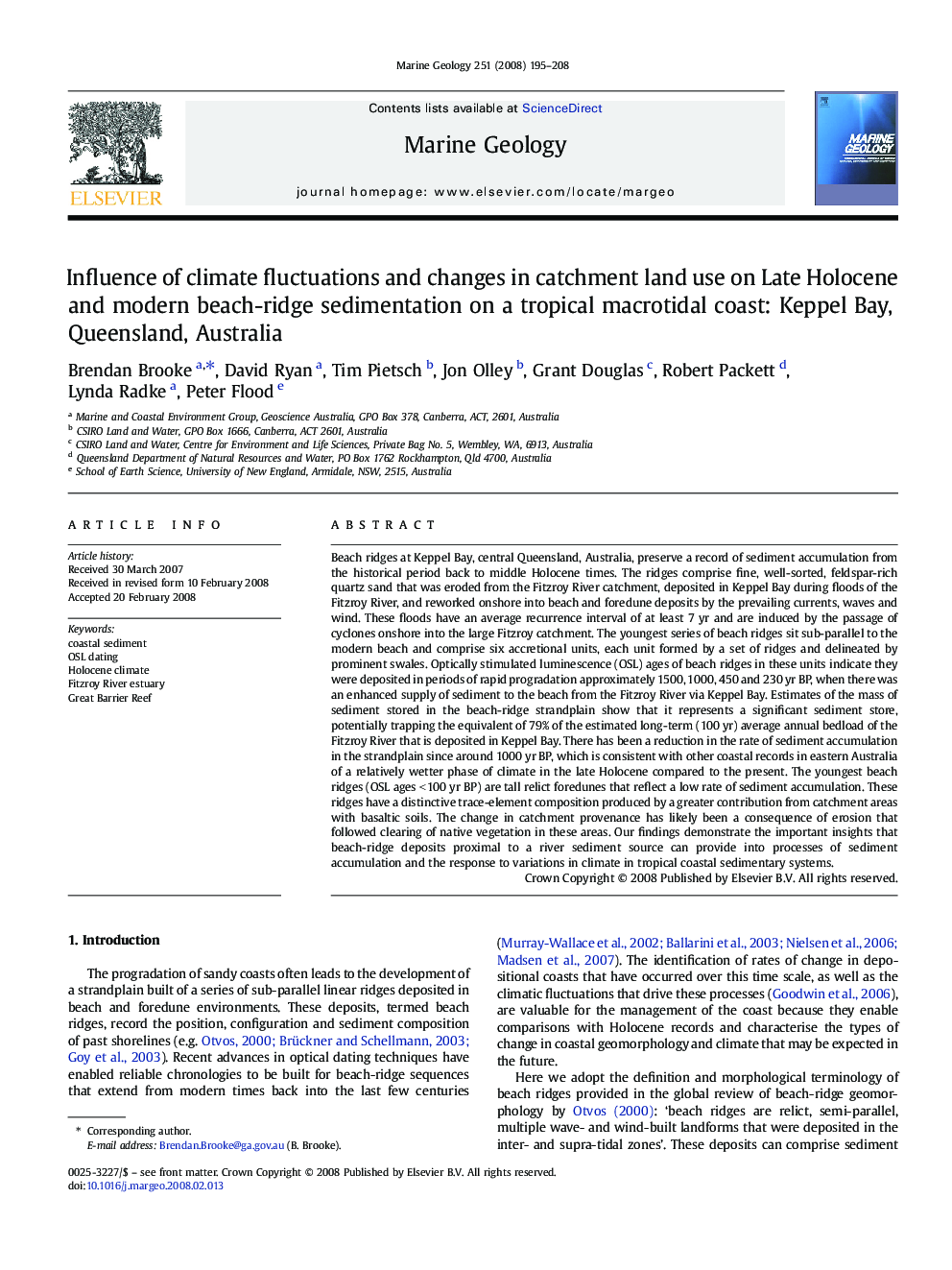 Influence of climate fluctuations and changes in catchment land use on Late Holocene and modern beach-ridge sedimentation on a tropical macrotidal coast: Keppel Bay, Queensland, Australia