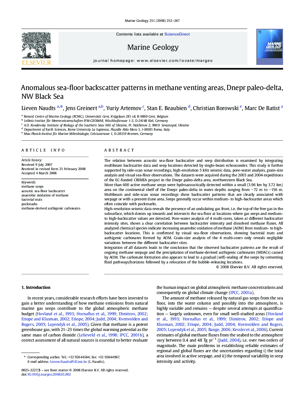 Anomalous sea-floor backscatter patterns in methane venting areas, Dnepr paleo-delta, NW Black Sea