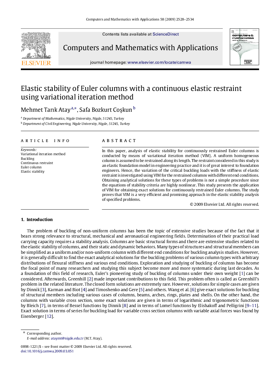 Elastic stability of Euler columns with a continuous elastic restraint using variational iteration method