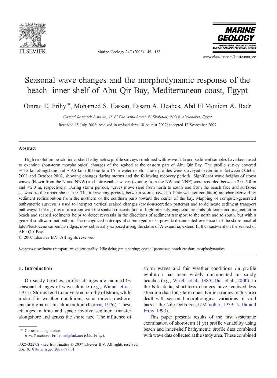 Seasonal wave changes and the morphodynamic response of the beach–inner shelf of Abu Qir Bay, Mediterranean coast, Egypt