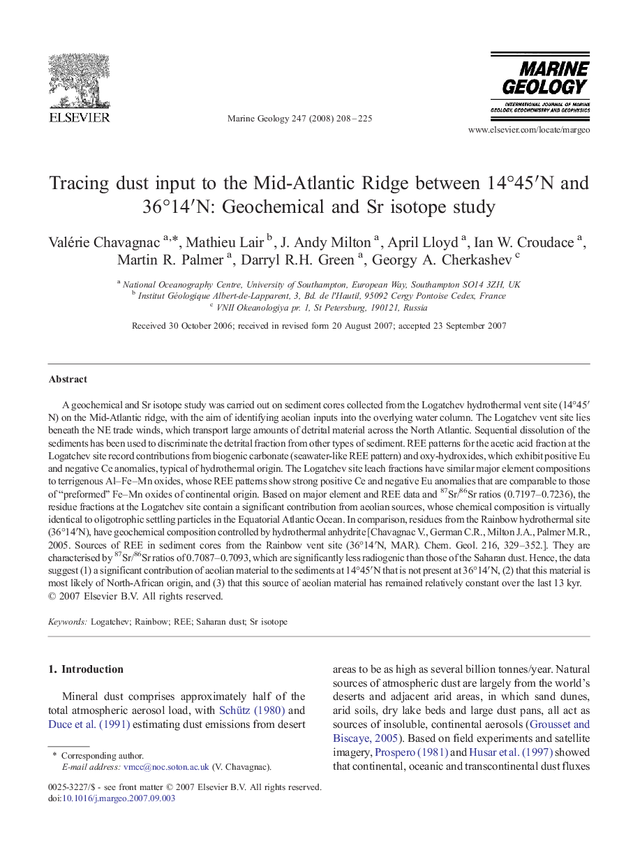 Tracing dust input to the Mid-Atlantic Ridge between 14°45′N and 36°14′N: Geochemical and Sr isotope study