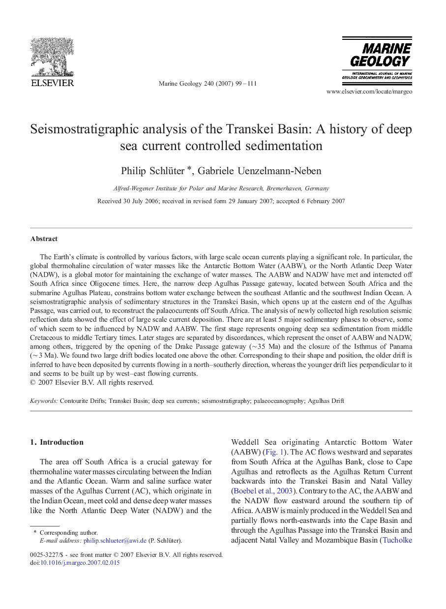 Seismostratigraphic analysis of the Transkei Basin: A history of deep sea current controlled sedimentation