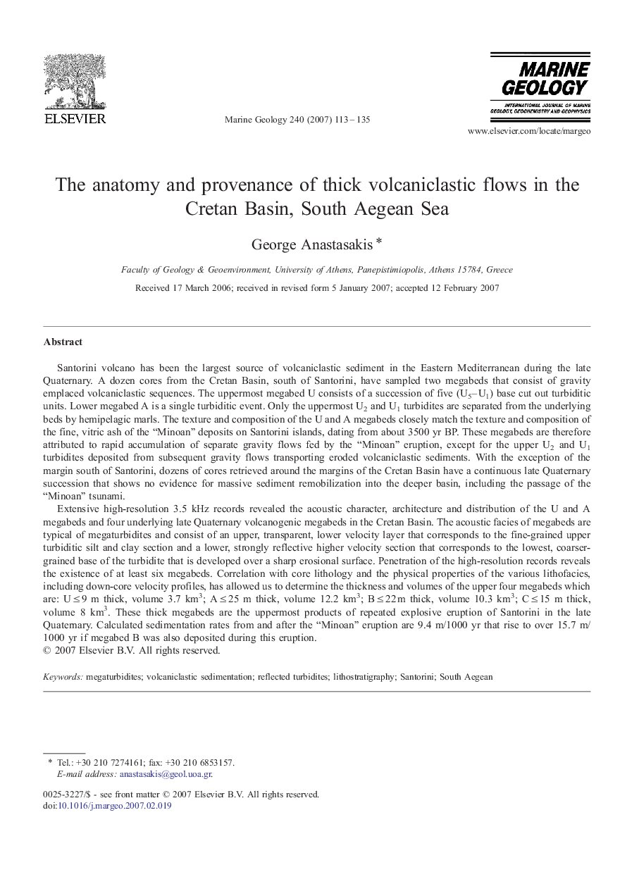 عکس صفحه اول مقاله: The anatomy and provenance of thick volcaniclastic flows in the Cretan Basin, South Aegean Sea The anatomy and provenance of thick volcaniclastic flows in the Cretan Basin, South Aegean Sea