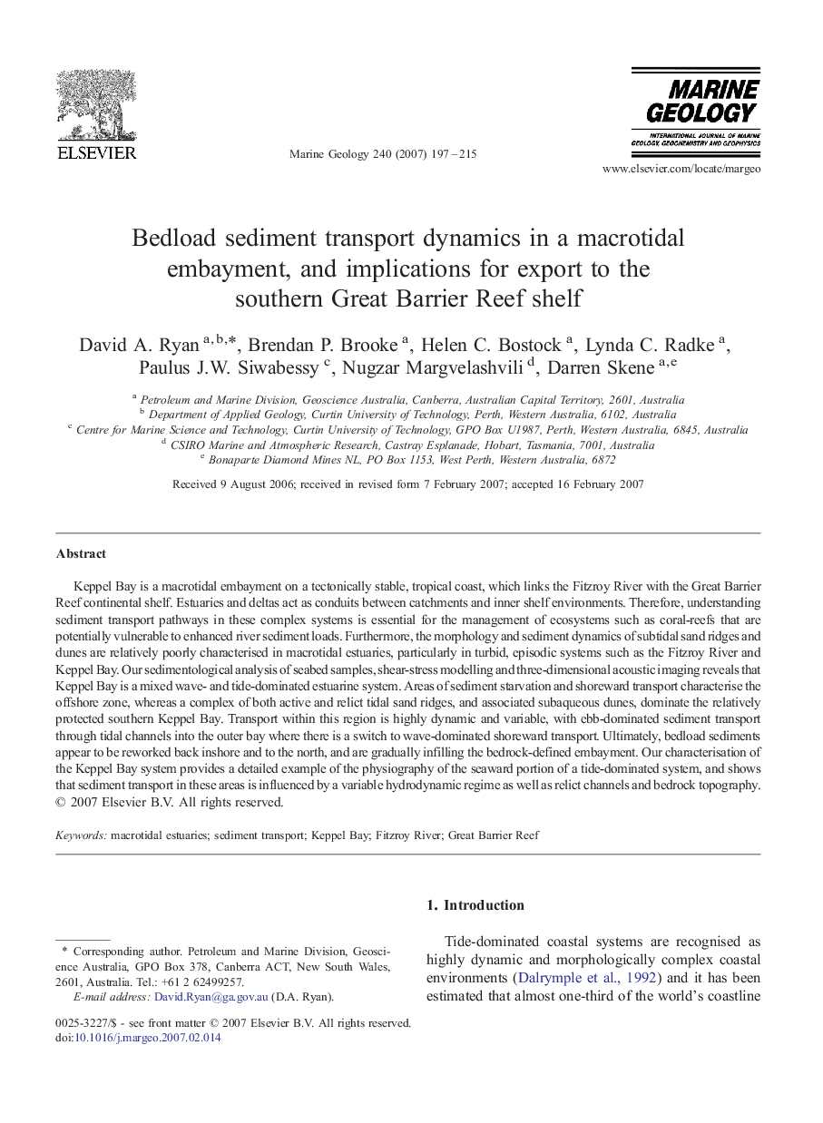 Bedload sediment transport dynamics in a macrotidal embayment, and implications for export to the southern Great Barrier Reef shelf