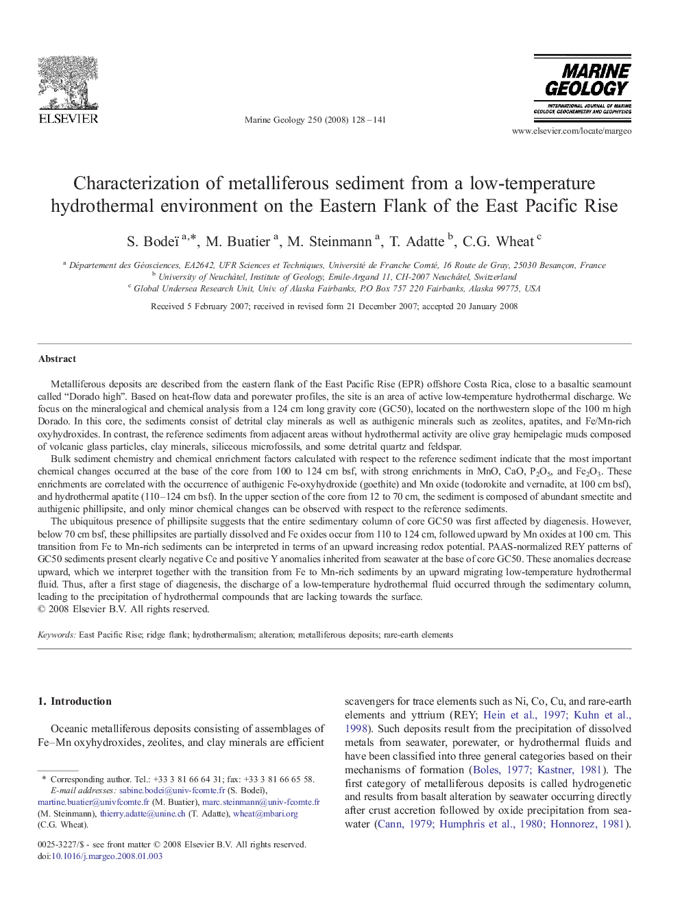 Characterization of metalliferous sediment from a low-temperature hydrothermal environment on the Eastern Flank of the East Pacific Rise