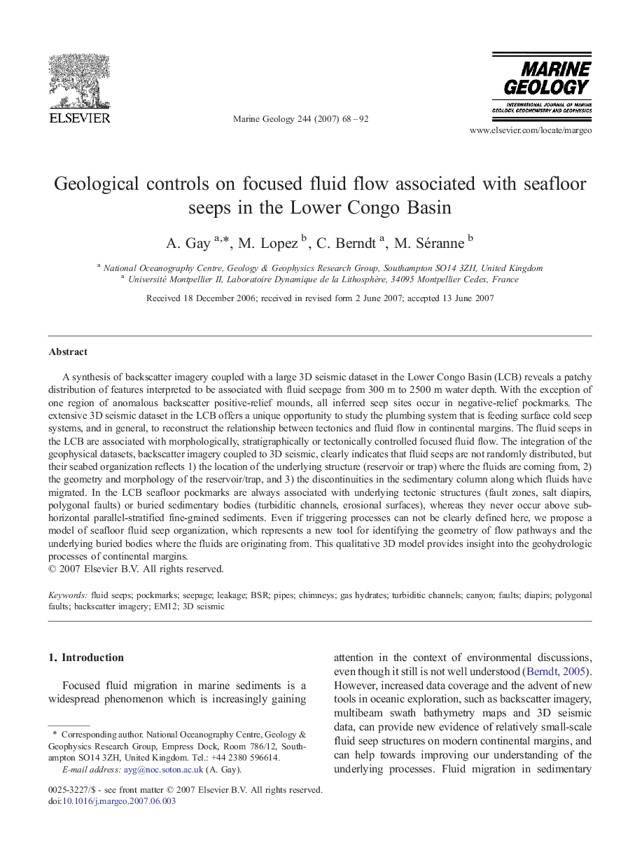 Geological controls on focused fluid flow associated with seafloor seeps in the Lower Congo Basin