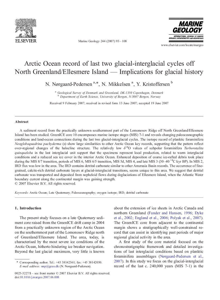 Arctic Ocean record of last two glacial-interglacial cycles off North Greenland/Ellesmere Island - Implications for glacial history