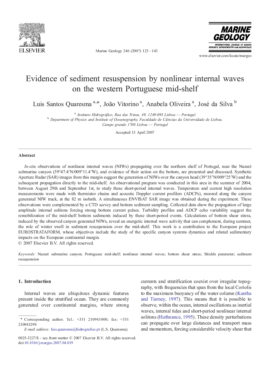 Evidence of sediment resuspension by nonlinear internal waves on the western Portuguese mid-shelf