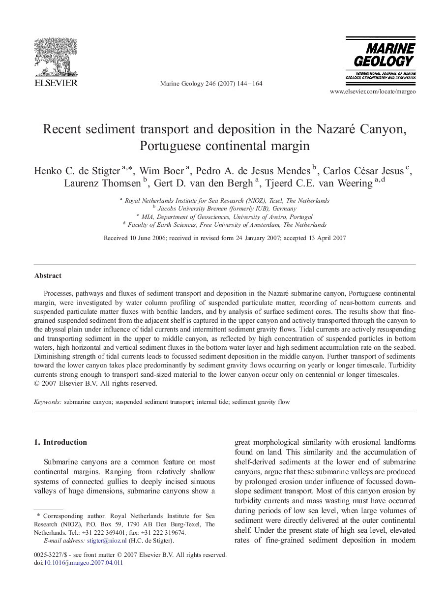 Recent sediment transport and deposition in the Nazaré Canyon, Portuguese continental margin