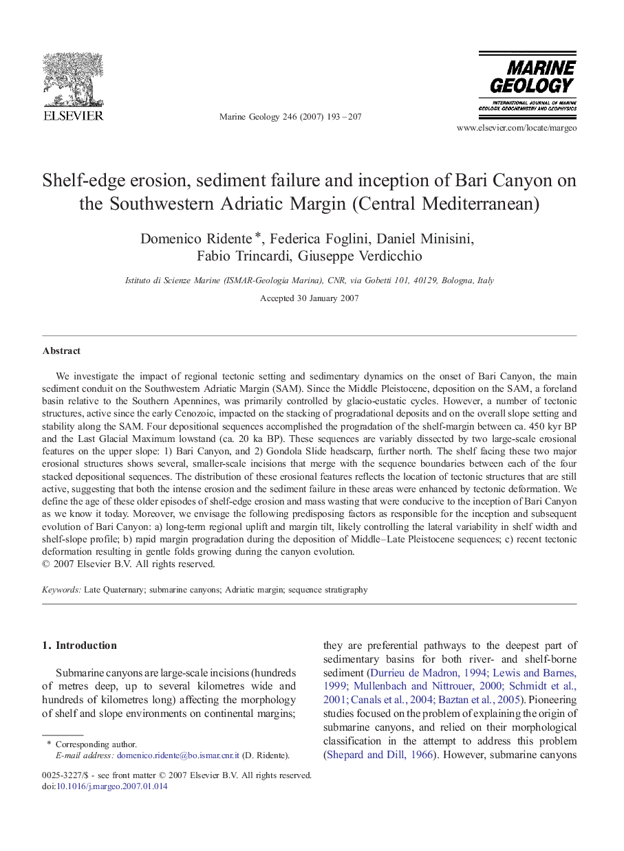 Shelf-edge erosion, sediment failure and inception of Bari Canyon on the Southwestern Adriatic Margin (Central Mediterranean)