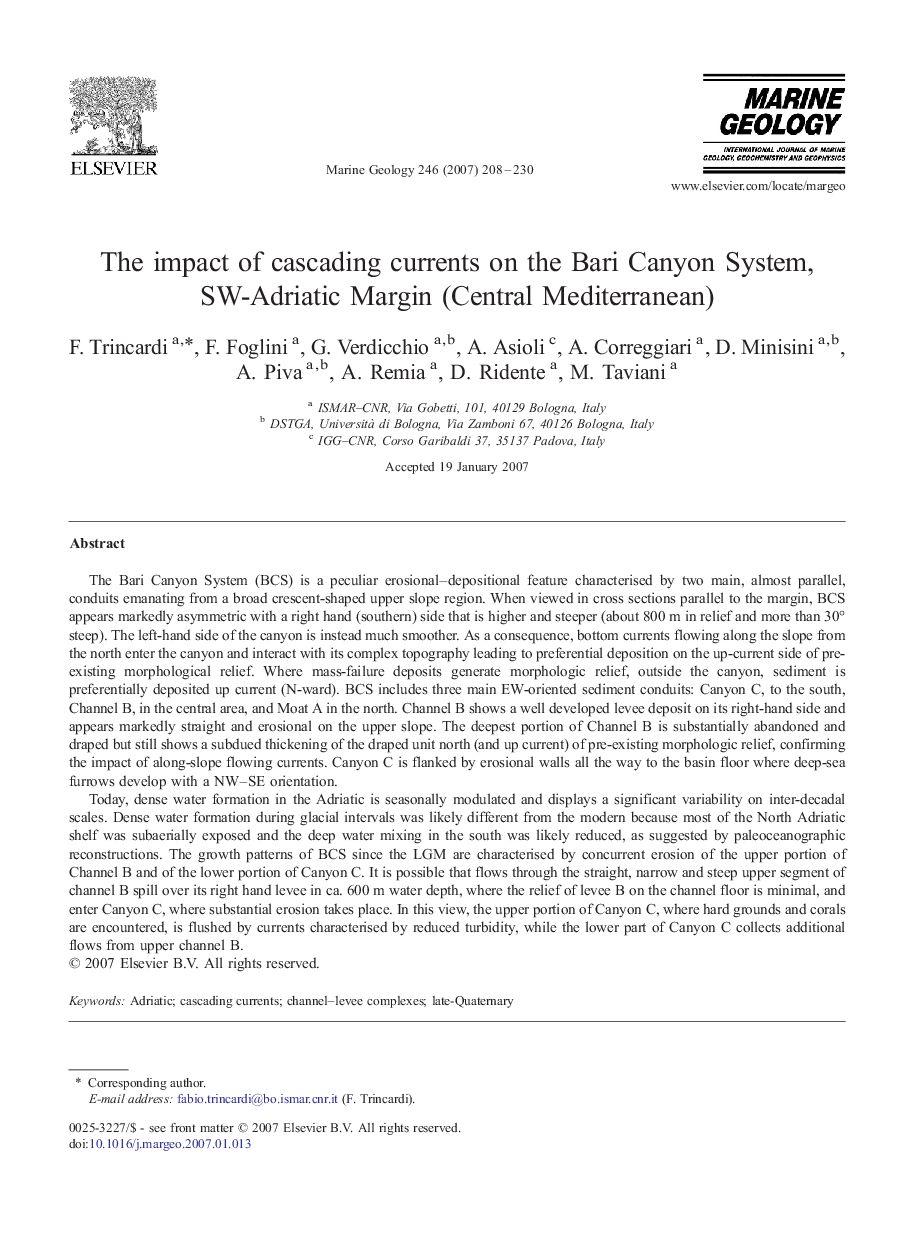 The impact of cascading currents on the Bari Canyon System, SW-Adriatic Margin (Central Mediterranean)